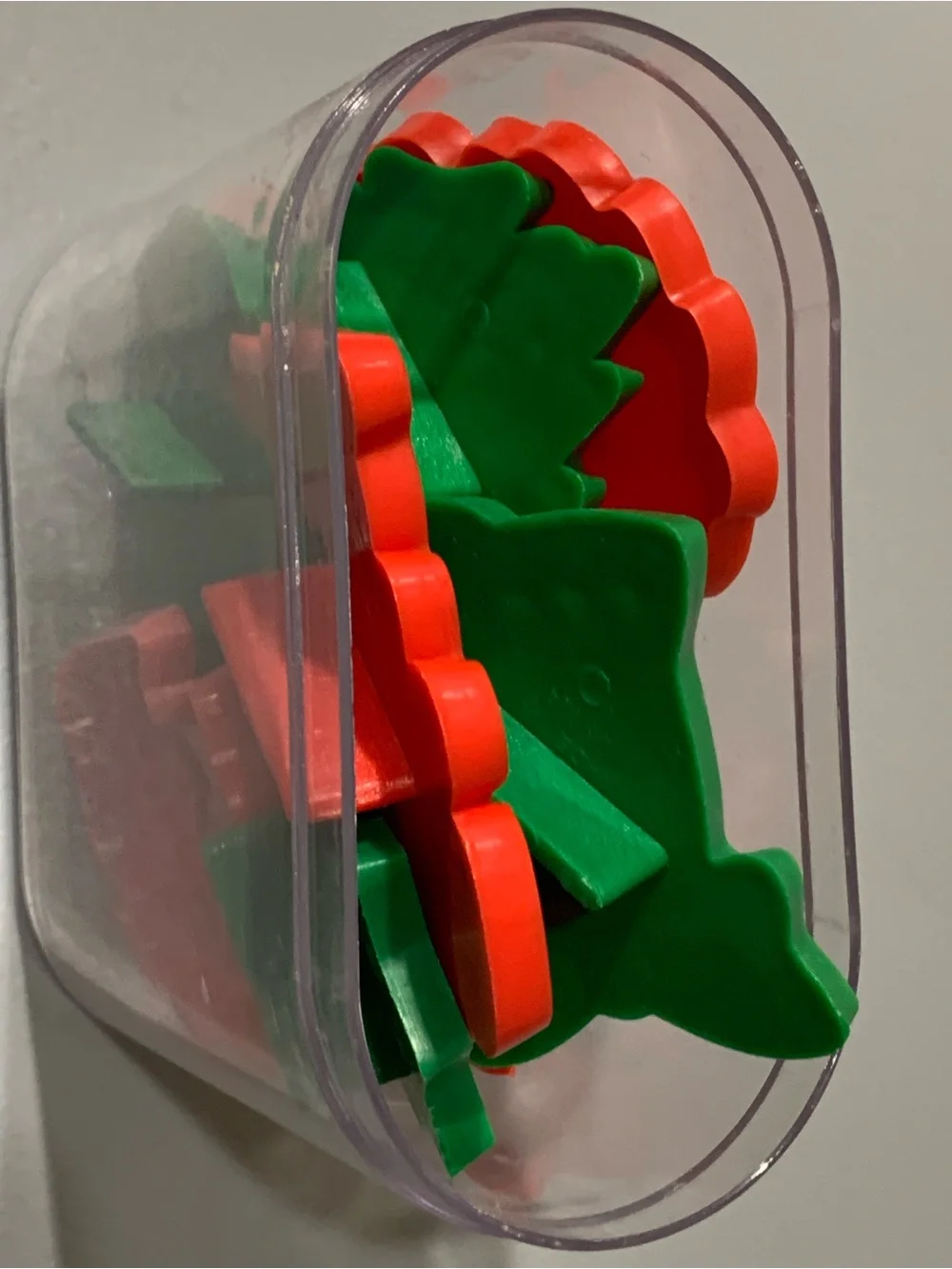 Clear Plastic Jar with Red and Green Holiday Game Pieces